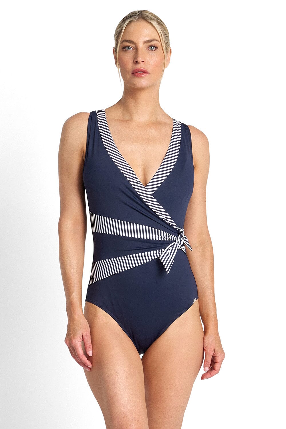 Anchor Stripe Sash Surplice SWIM 1PC JANTZEN 10 NAVY 