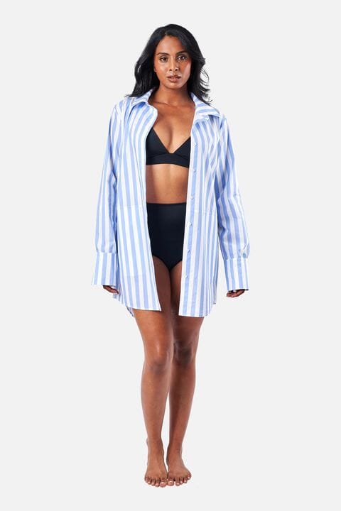 Beach Shirt Dress Hamptons Stripe DRESS UNE PIECE 8 BLUE 