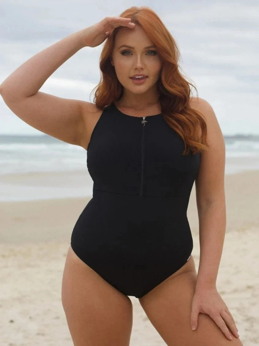 Chlorine Resist Zip Front High Neck One Piece SWIM 1PC CAPRIOSCA 10 BLACK 