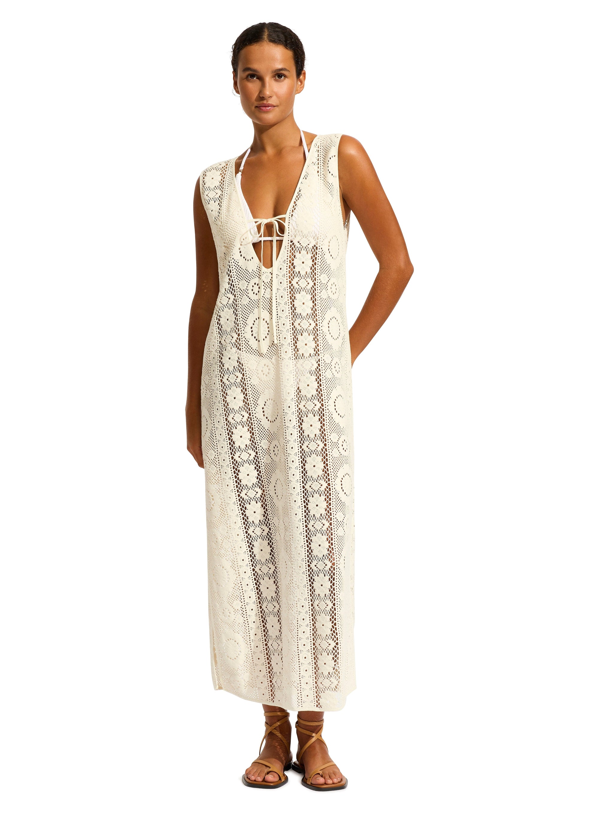 Crochet Maxi Cover Up OVERSWIM SEAFOLLY XS Ecru 