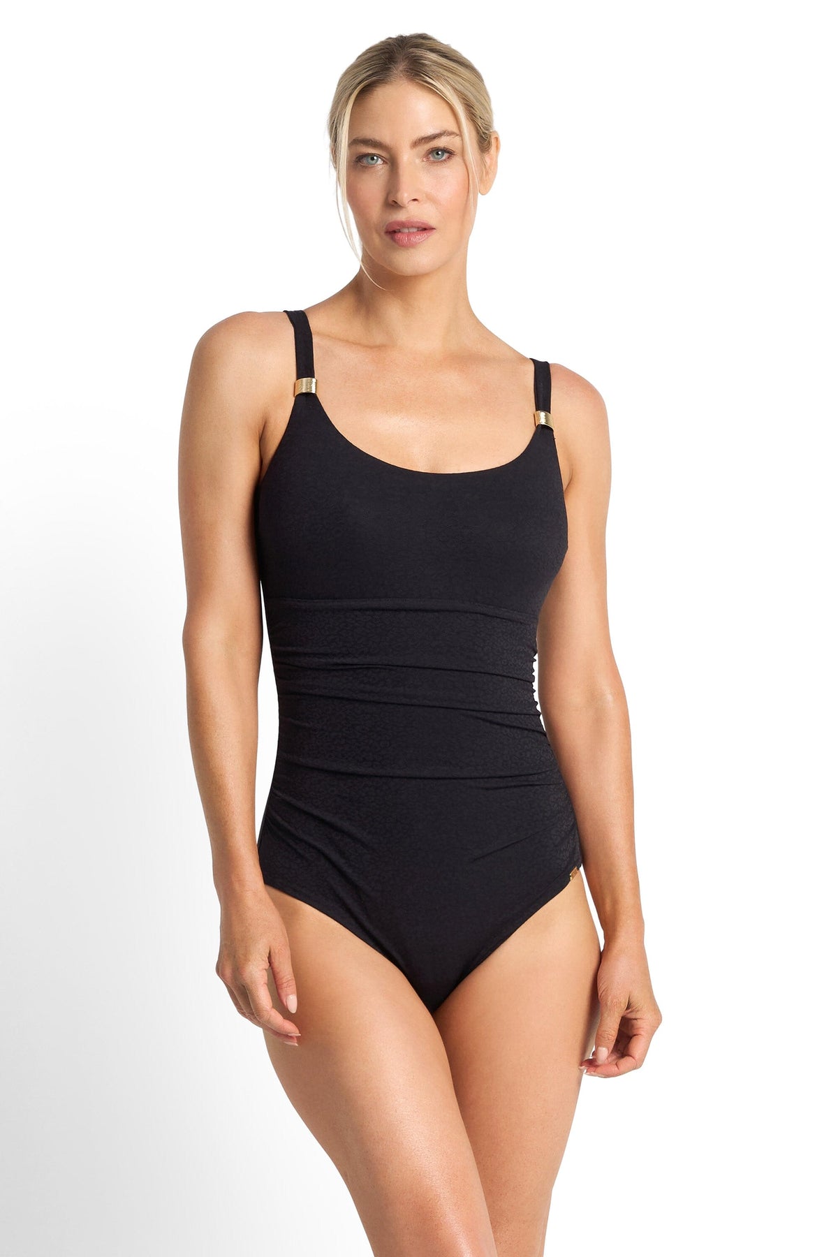 Fierce Ruched Cuff Scoop One Piece SWIM 1PC JANTZEN 10 BLACK 
