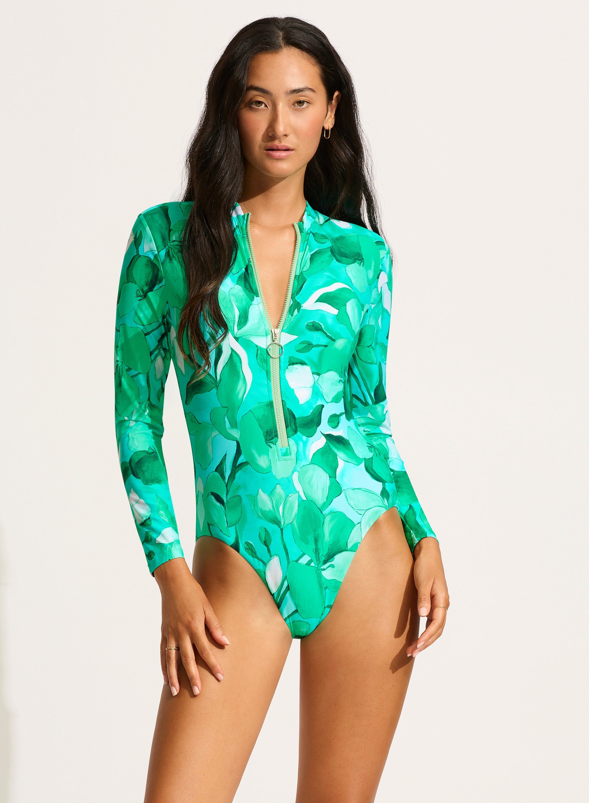 Secret Garden Zip Front Surf Suit SWIM 1PC SEAFOLLY 10 JADE 