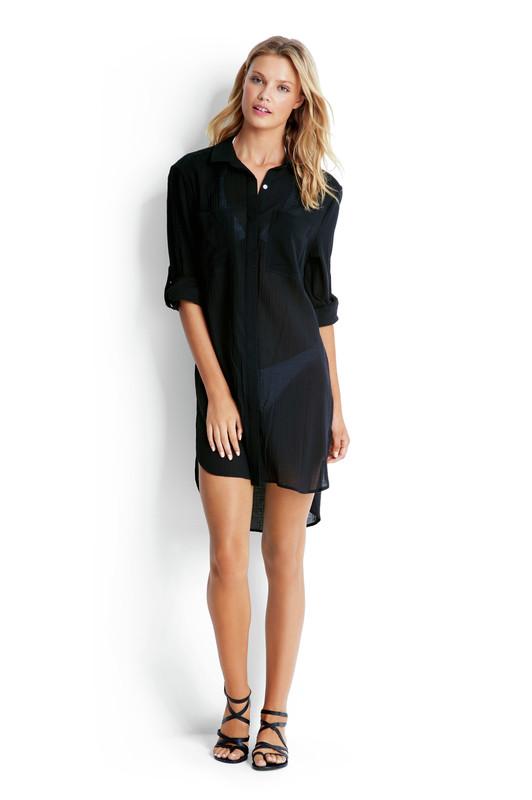 Beach Basics Crinkle Twill Beach Shirt OVERSWIM SEAFOLLY XS Black 